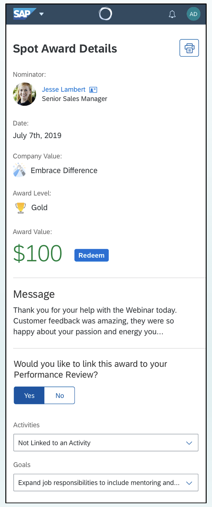 Recipient comes to the award details page