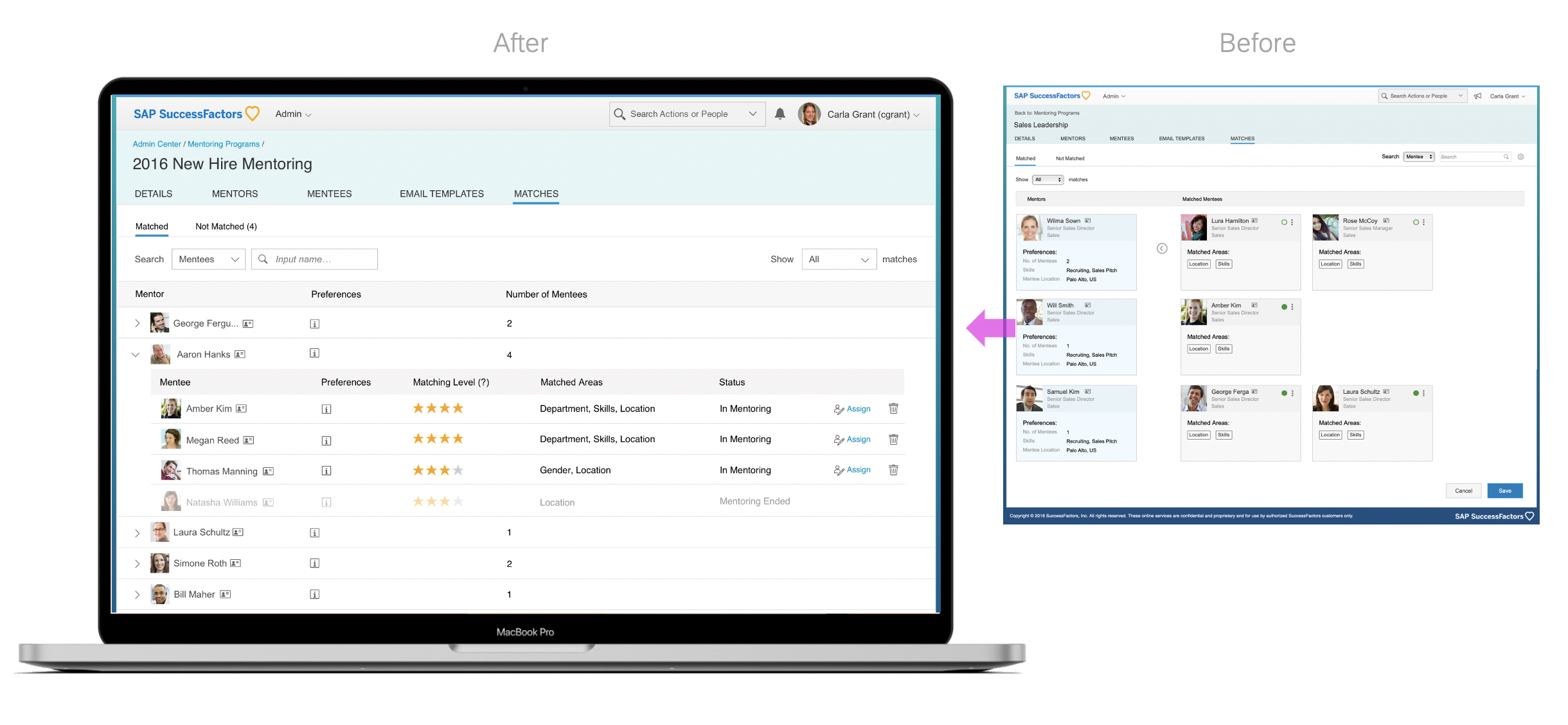 Admin matching screen: Updating tiles to table view (with tree structure) to make it more scalable allowing users to view more data with clear mentor/mentee structure.
