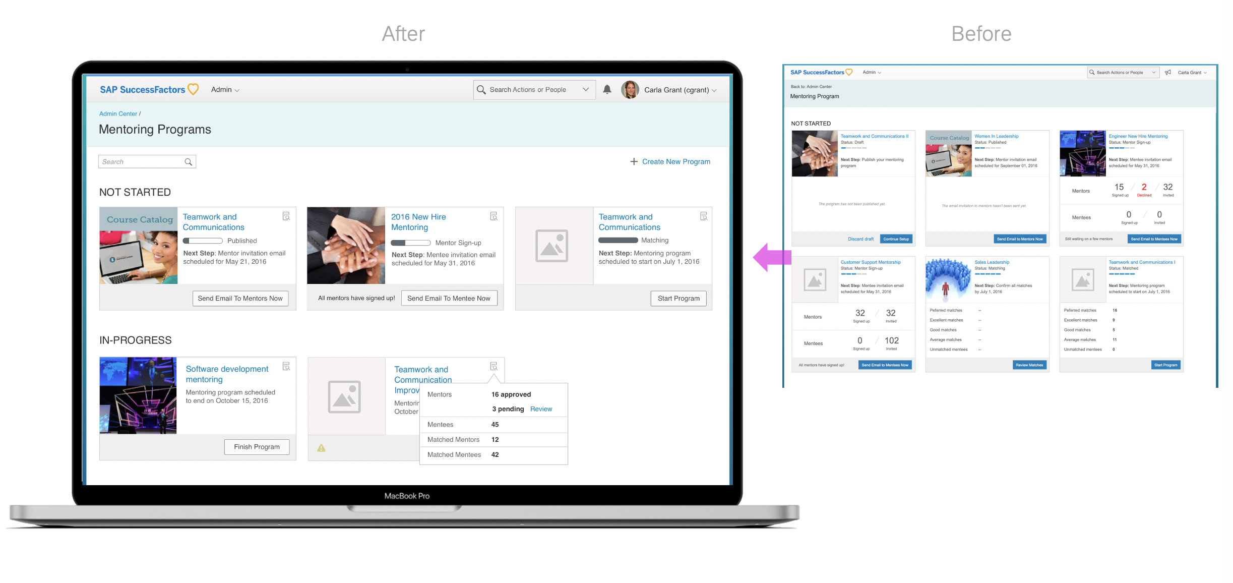 Admin landing page: Simplifying the view by hiding detailed mentorship data to deal with performance issue as well as making the UI more scalable to show more programs.