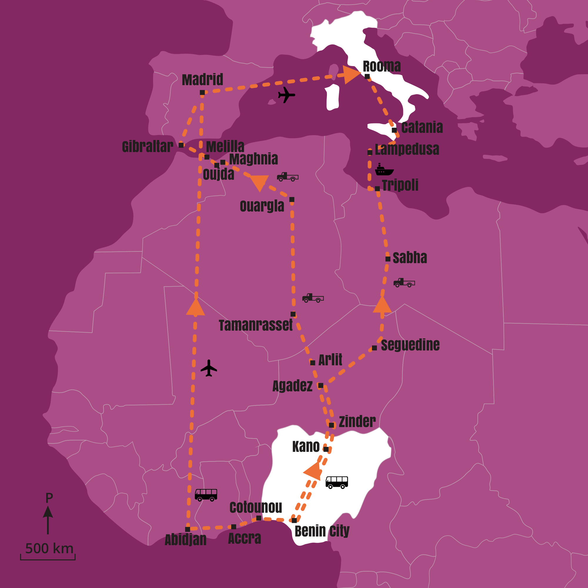Nigeriasta Eurooppaan suuntautuvan ihmiskaupan reittejä. Kuvassa on esitetty kaksi yleisesti käytettyä reittiä Saharan poikki sekä Itohan Okundayen matka, jonka hän taittoi bussilla ja lentäen.