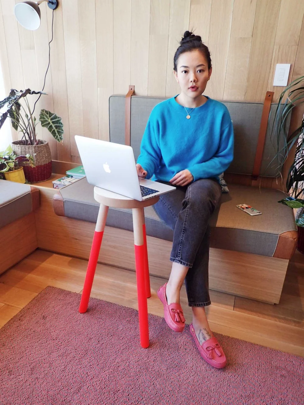 Work From Home Outfit, Blue Sweater, Mom Jeans, Pink Loafer