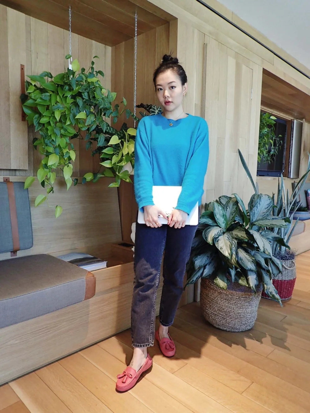 Work From Home Outfit, Blue Sweater, Mom Jeans, Pink Loafer