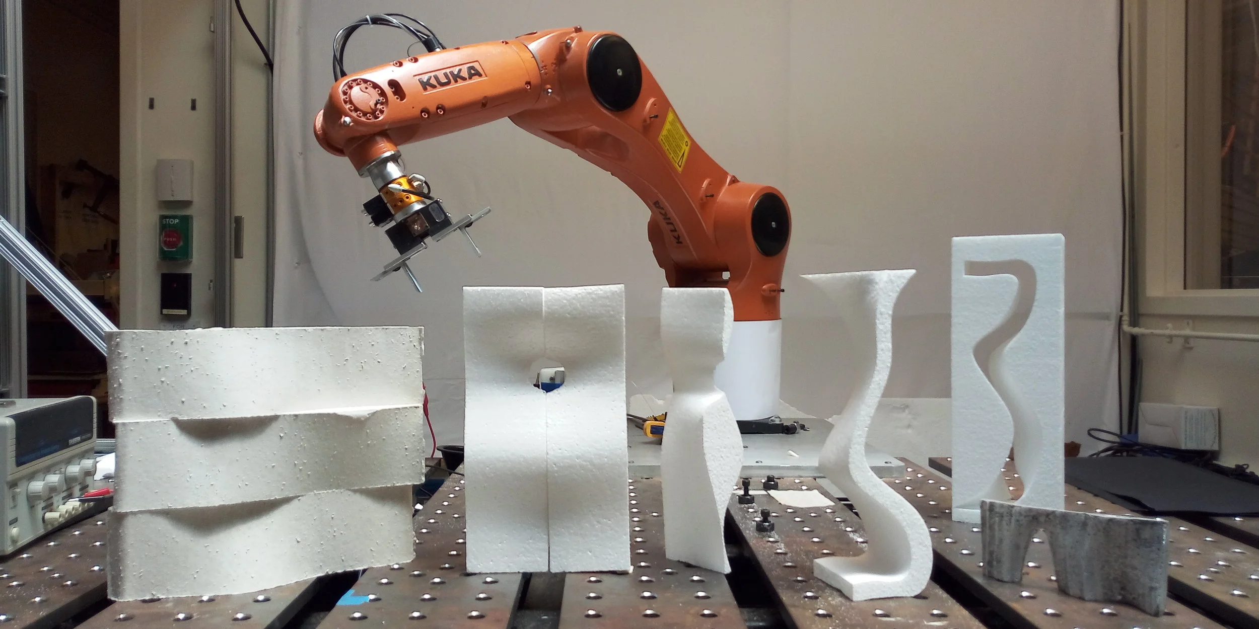 For our Design for Robotic Assembly course, we wanted to program our 6-axis robot to cut styrofoam blocks with a heated wire. Our hope was to cut geometries in a more accurate and faster method than a CNC mill.