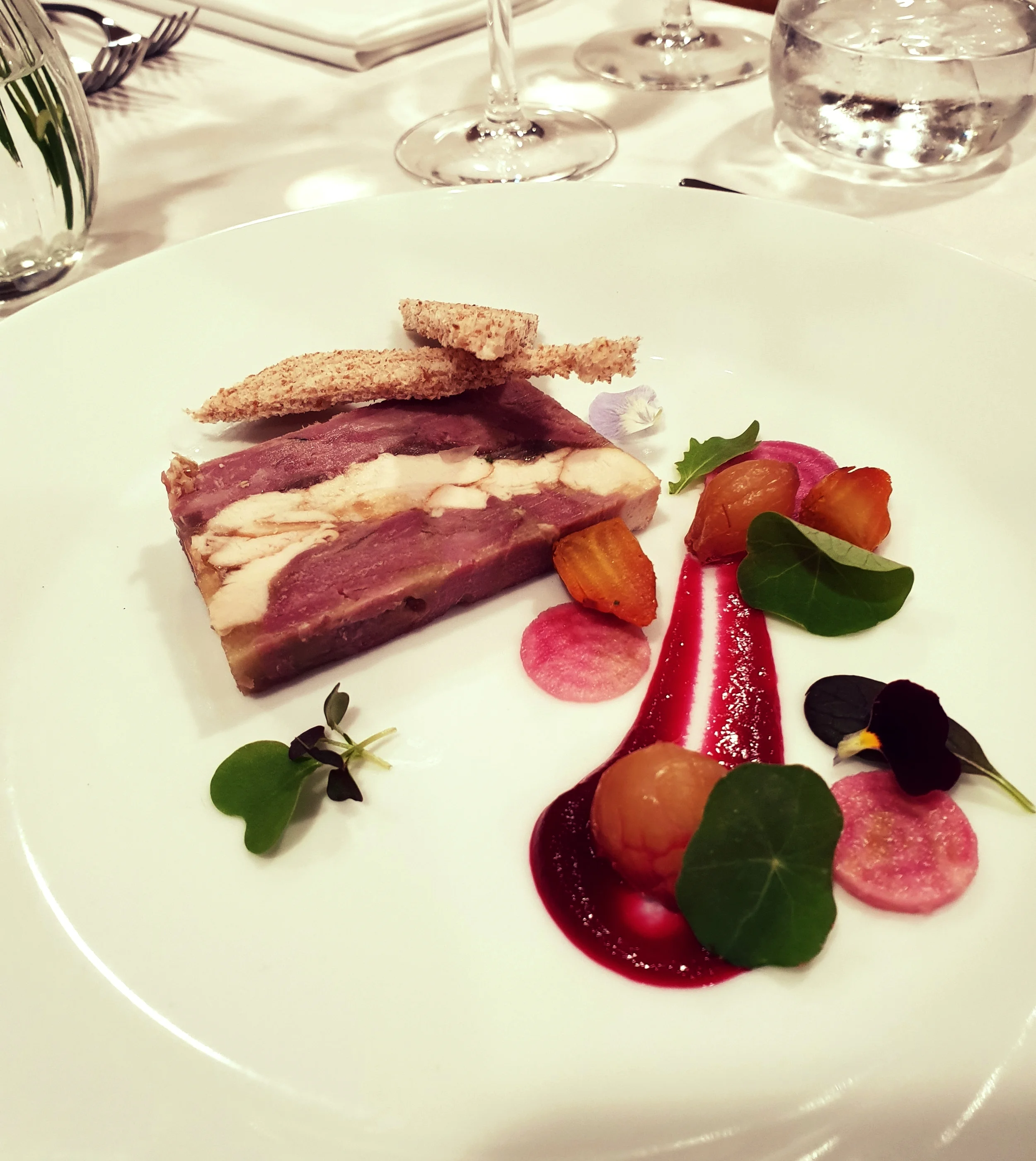 Smoked Chicken and Ham hock terrine with beetroot three ways