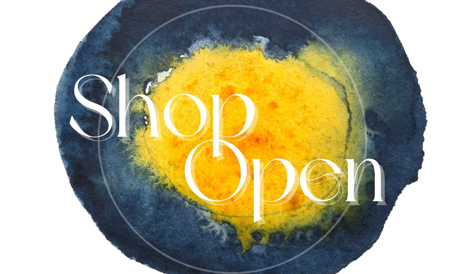 This is image linked to the 'shop' page. Image is of a blue and yellow watercolor droplet, zoomed in. States: 'Shop Open'.