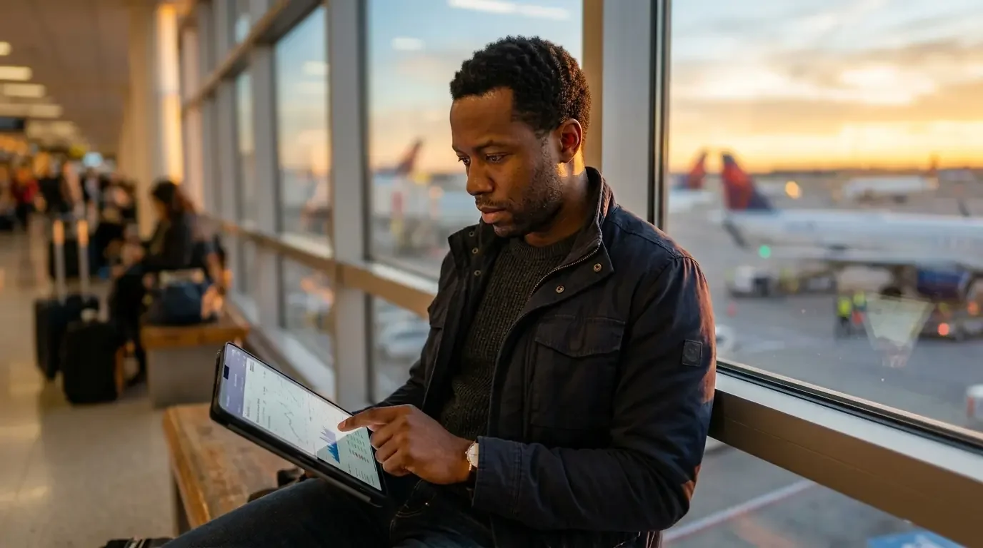 Traveler analyzing points valuations and ROI at airport window