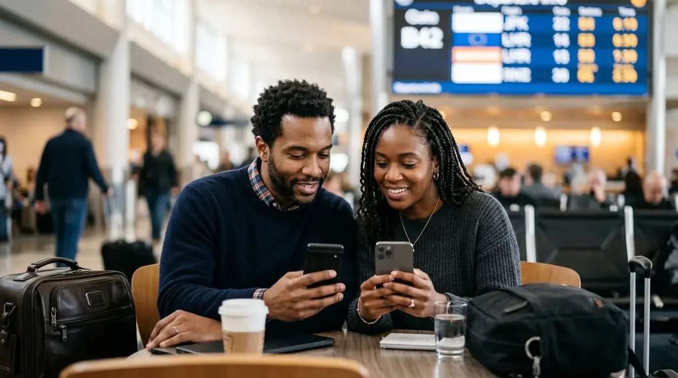 Couple comparing travel credit cards head-to-head in airport lounge