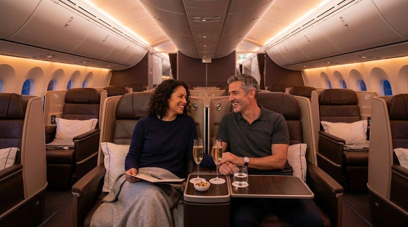 Traveler couple enjoying Virgin Atlantic Upper Class using Citi ThankYou 30% transfer bonus to Virgin Atlantic April 2026