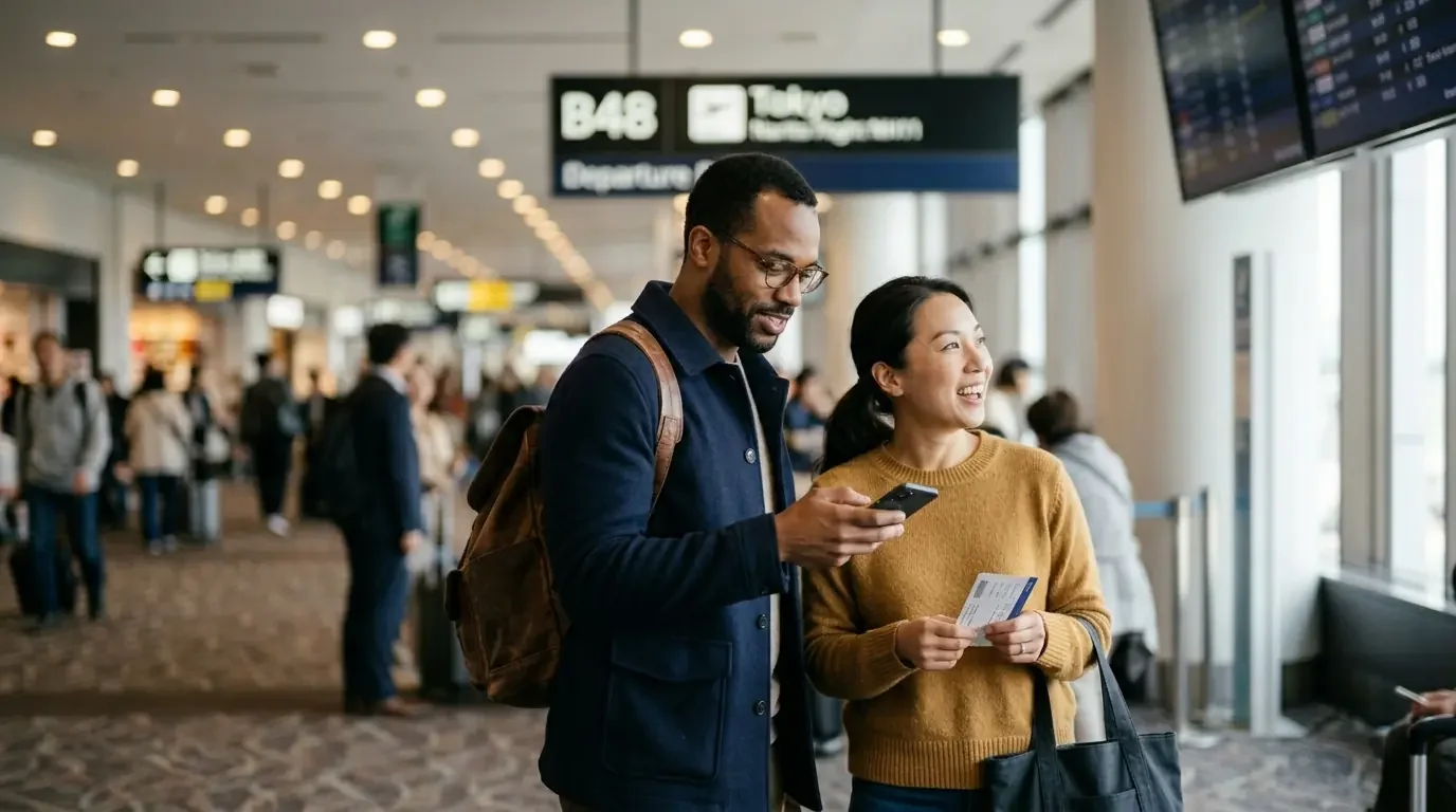 Couple at airport departure gate discovering travel rewards and credit card alternatives