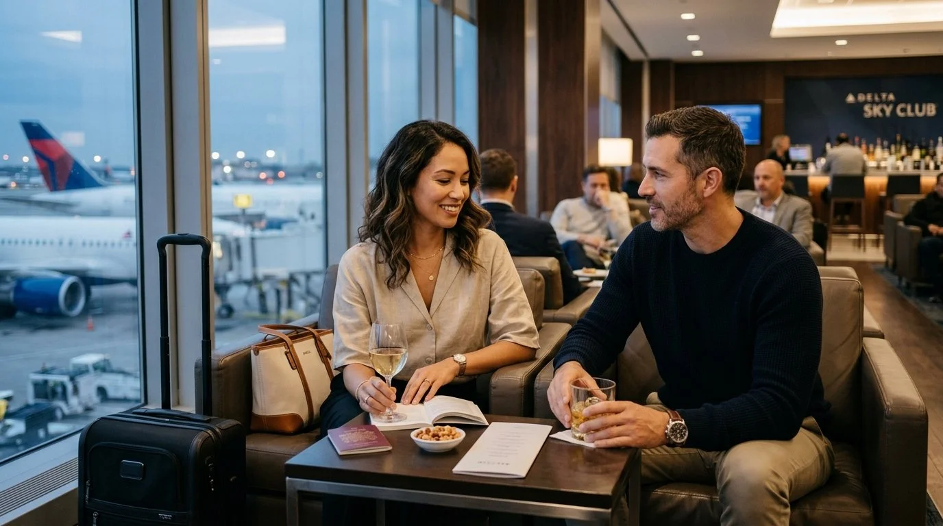International couple using Delta SkyMiles lounge and transfers 2026