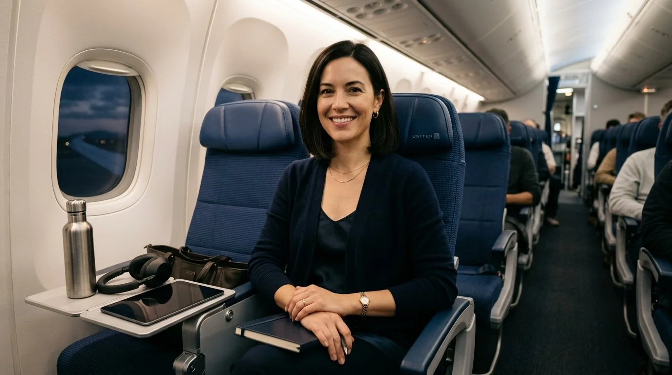 United Quest Card 2026 Review – solo traveler enjoying United flight with free first and second checked bags for two