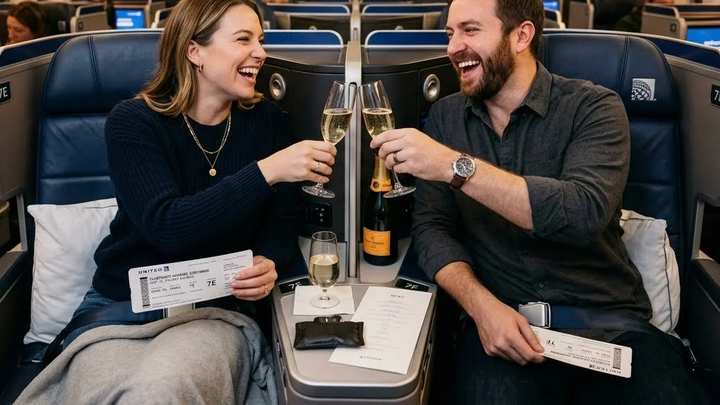 Couple using PlusPoints for upgrade on United MileagePlus – 2026 benefits stack
