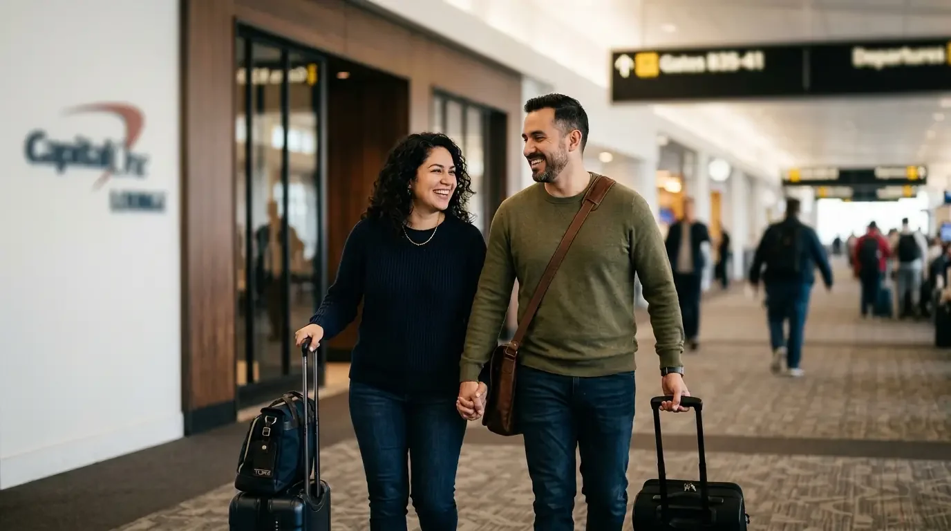 Couple leaving Capital One Lounge after premium travel experience