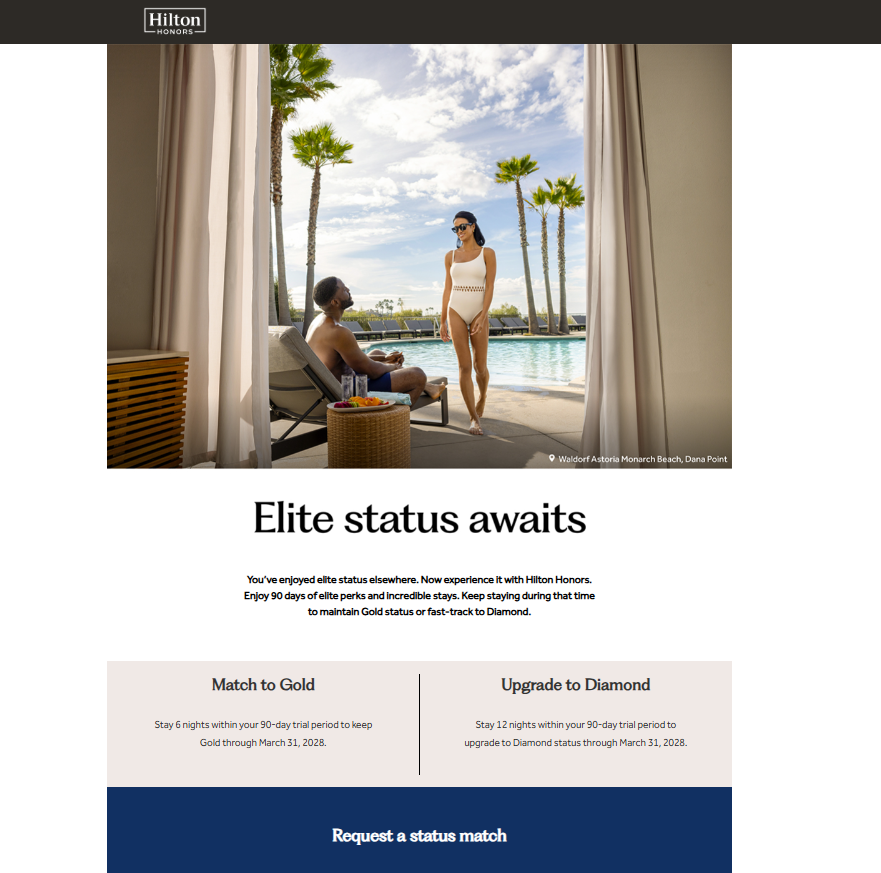 Best Hilton Honors Status Match &amp; Challenge 2026: Free Gold Through March 2028 + Diamond Upgrade Math for Luxury Couples