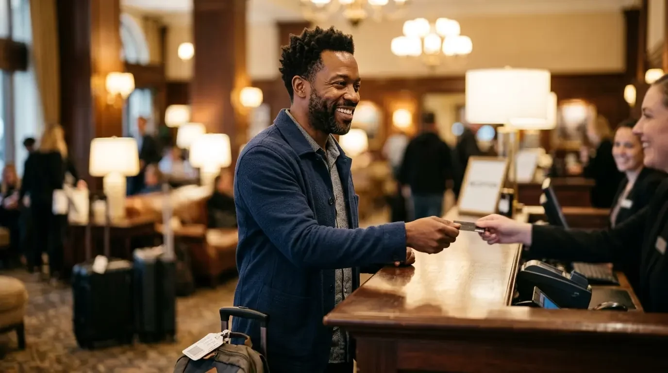 Traveler checking into hotel using premium credit card rewards