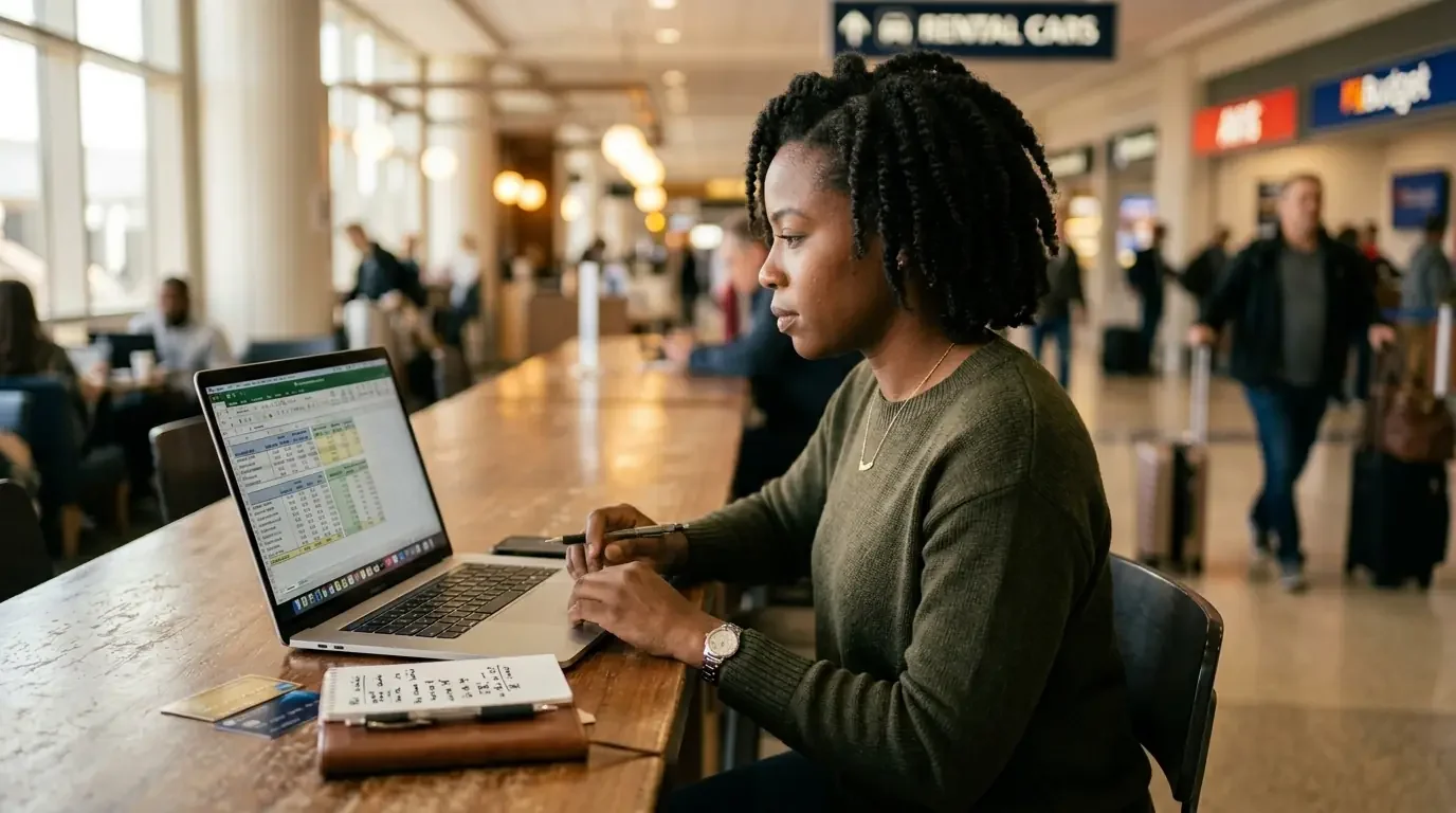 Traveler using ROI calculator for Amex Platinum vs Chase Sapphire Reserve vs Capital One Venture X 2026 at airport rental car counter