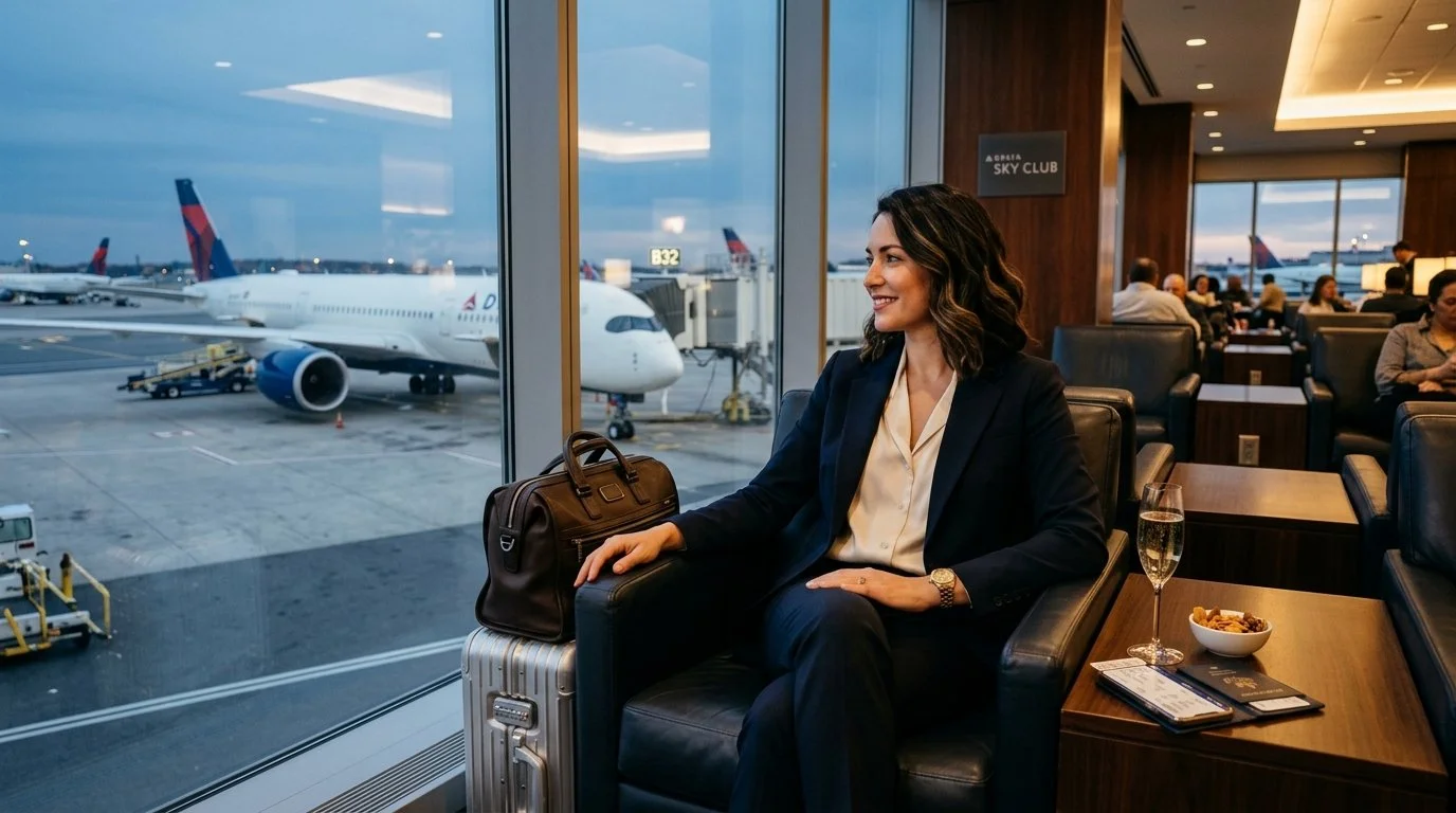 Business traveler using Delta Sky Club with Reserve card – benefits stack 2026