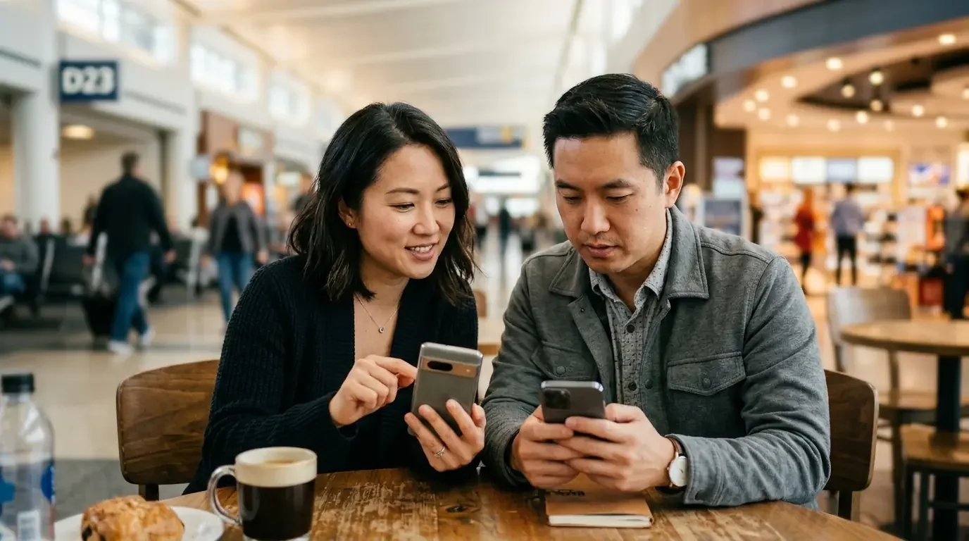 Couple deciding on best travel credit card at airport café