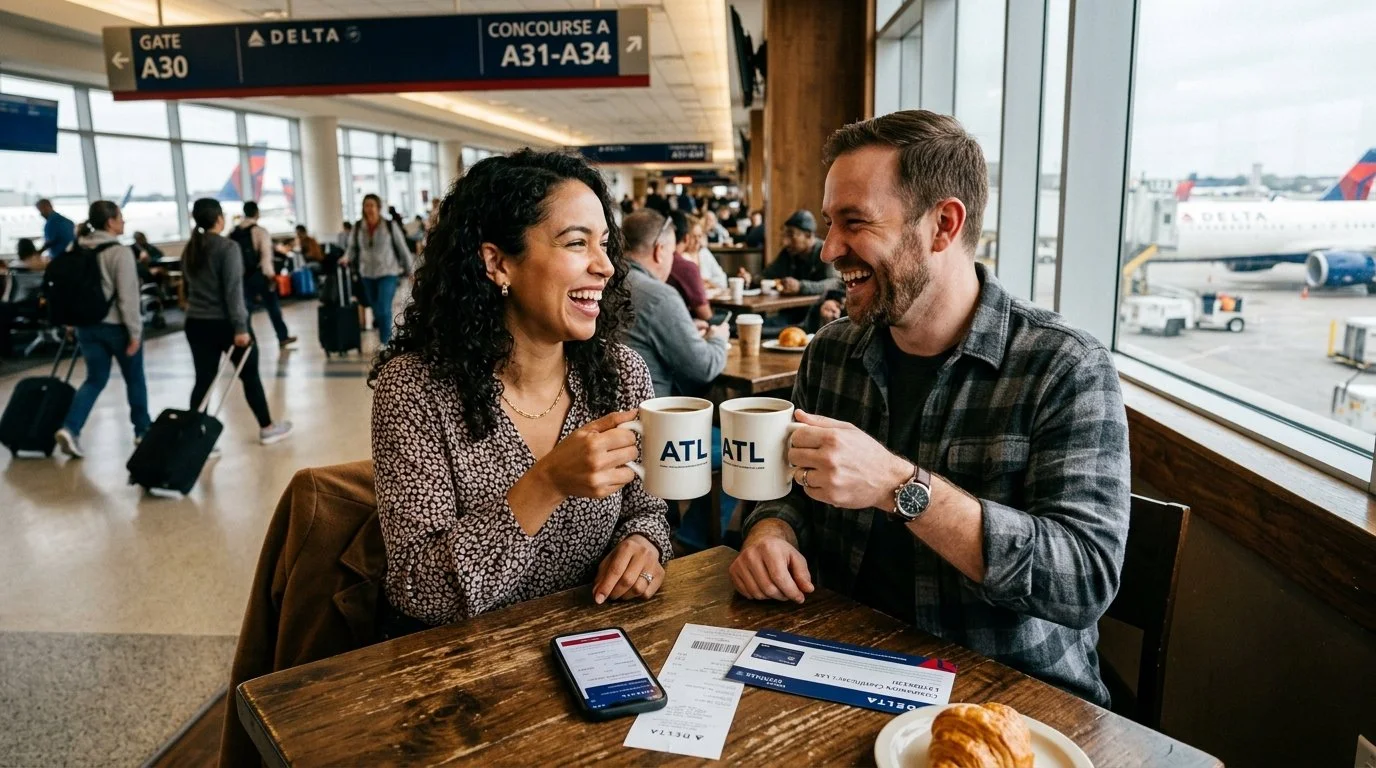Couple celebrating Companion Certificate savings – Delta SkyMiles ROI calculator 2026