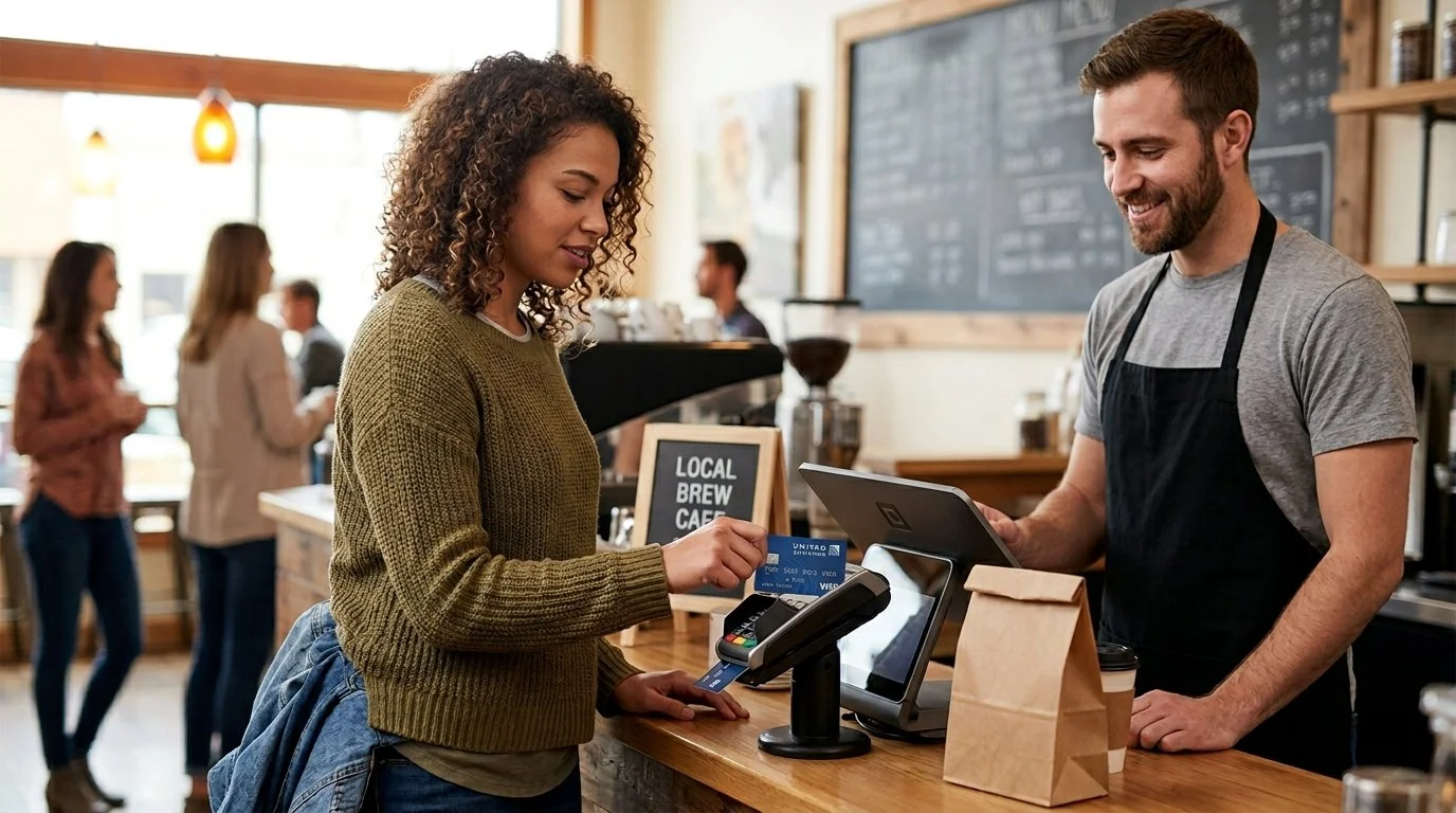 paying with the united explorer card at the local coffee shop