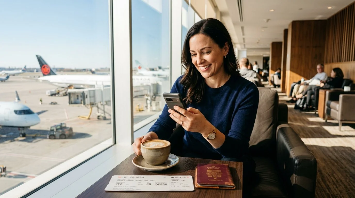 Traveler in luxury airport lounge after Chase 20% transfer bonus to Aeroplan April 2026
