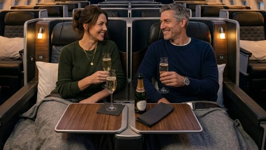 Traveler couple enjoying Delta One Suites using Chase 20% transfer bonus to Aeroplan April 2026