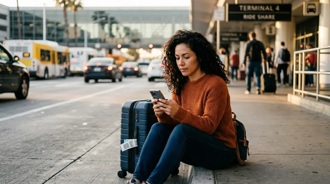 Traveler reviewing Amex Platinum vs Chase Sapphire Reserve vs Capital One Venture X 2026 fees and welcome offers at airport curbside