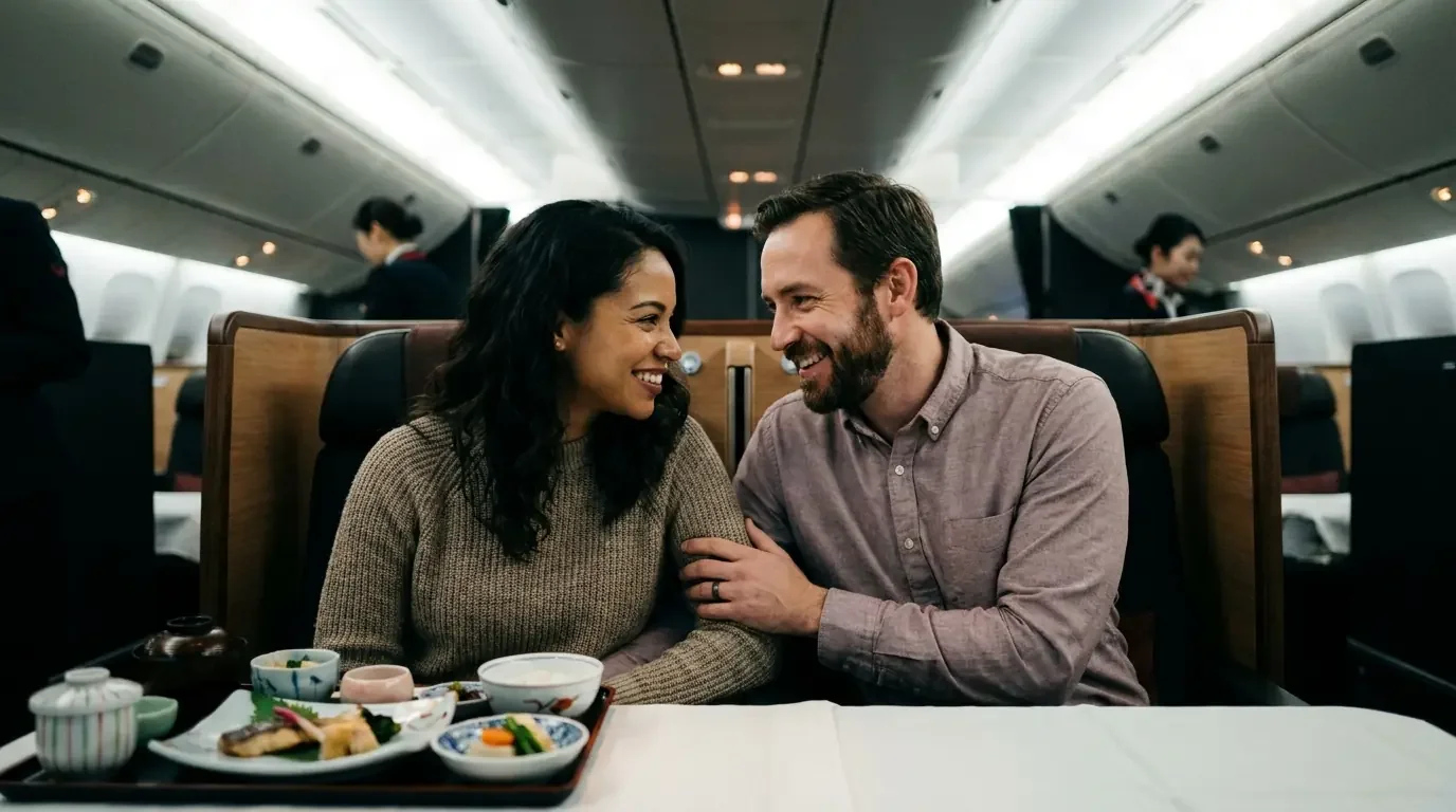 Couple enjoying premium cabin meal on JAL flight with Bilt Rewards redemption