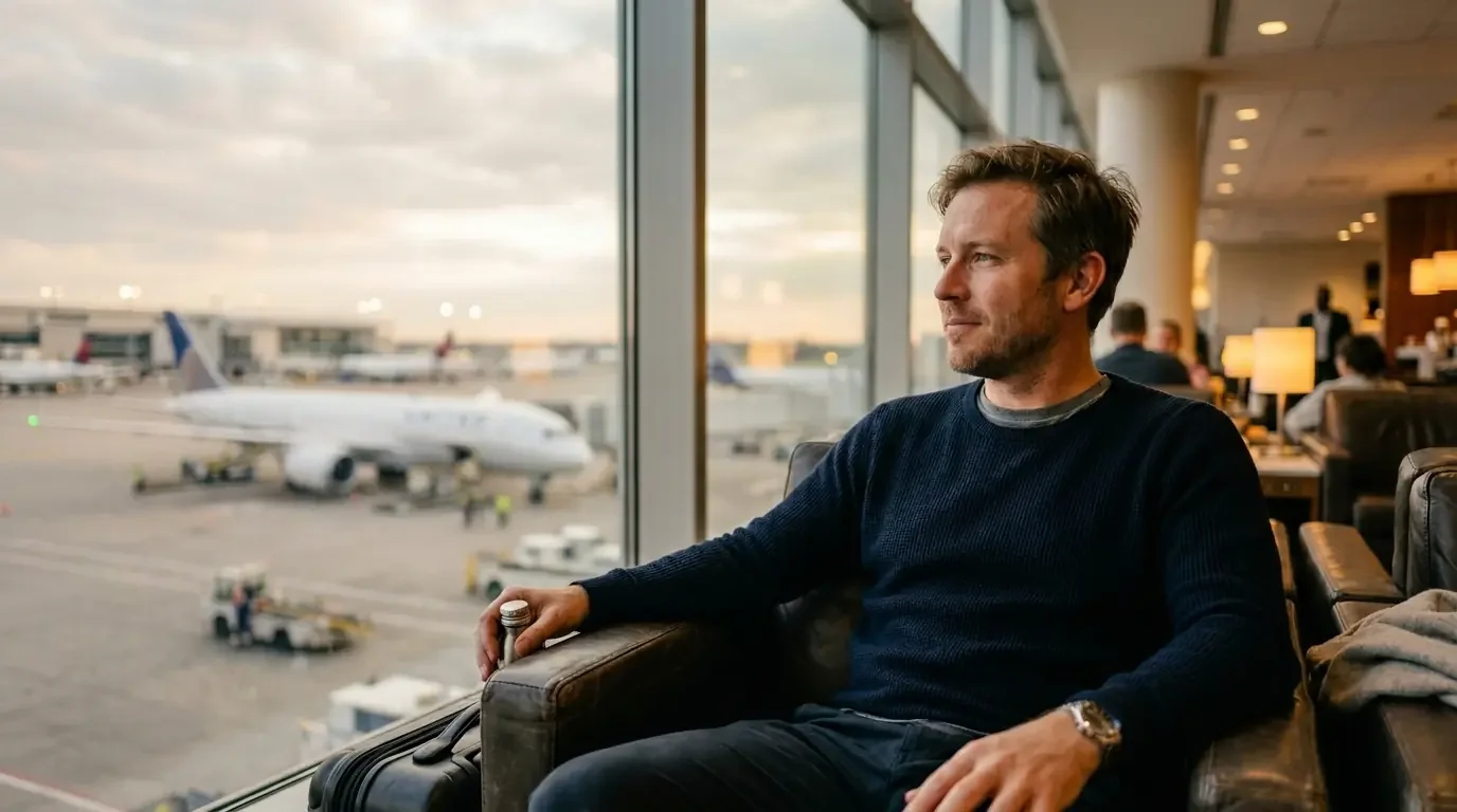 Traveler relaxing in premium lounge with Chase Sapphire Reserve benefits