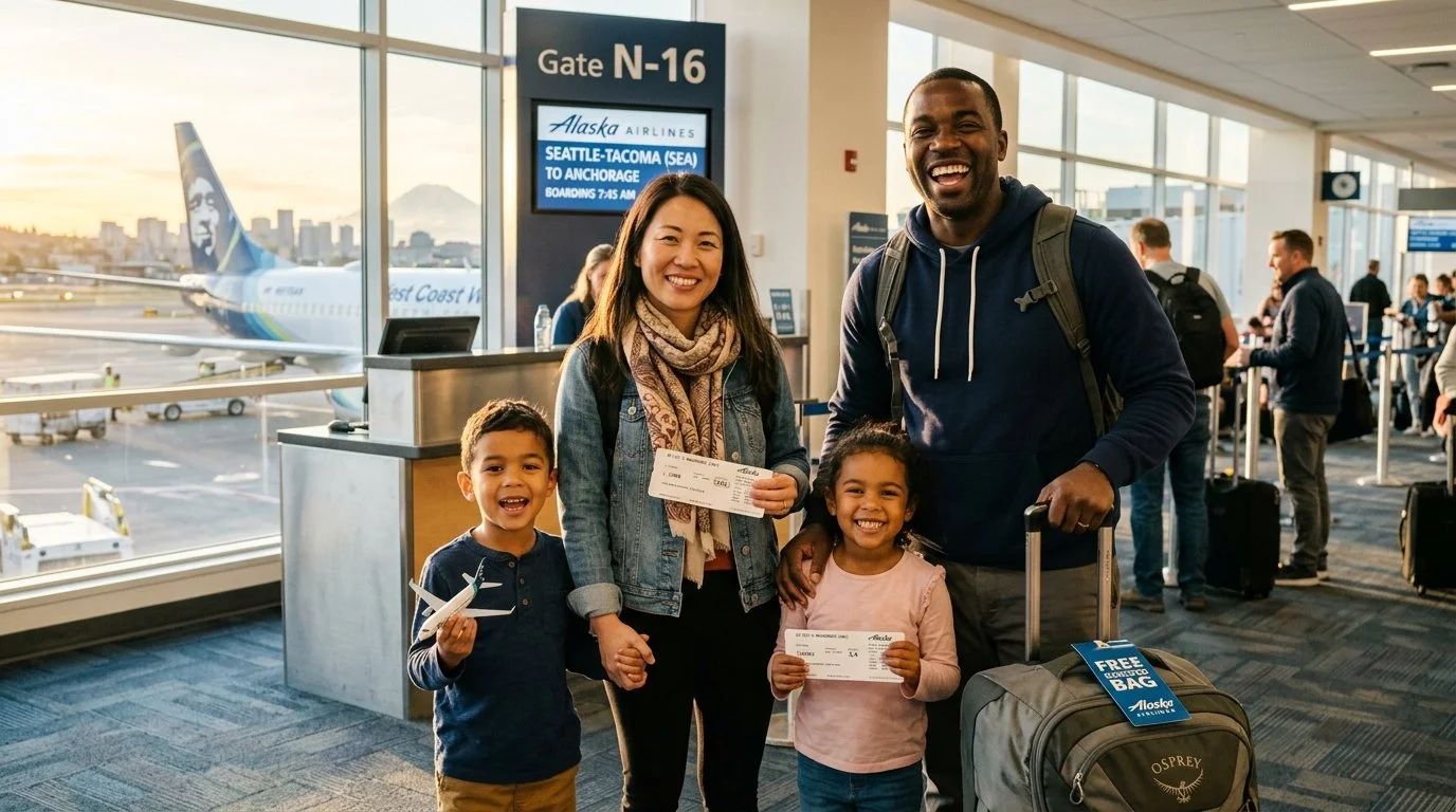 Diverse family at Alaska Airlines gate using Atmos Rewards benefits 2026