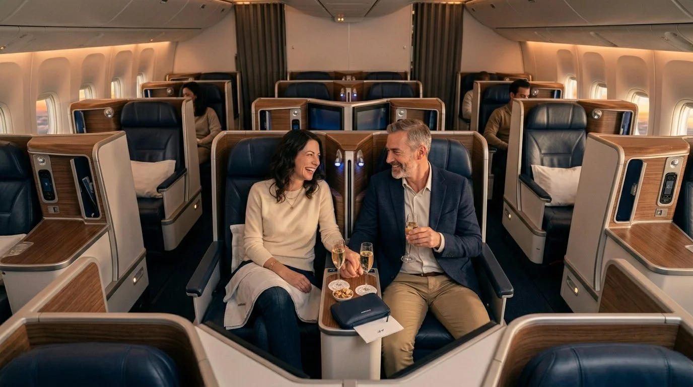 Traveler couple enjoying Air France business class on Flying Blue April 2026 Promo Rewards – 25% off US–Europe economy from 18,750 miles