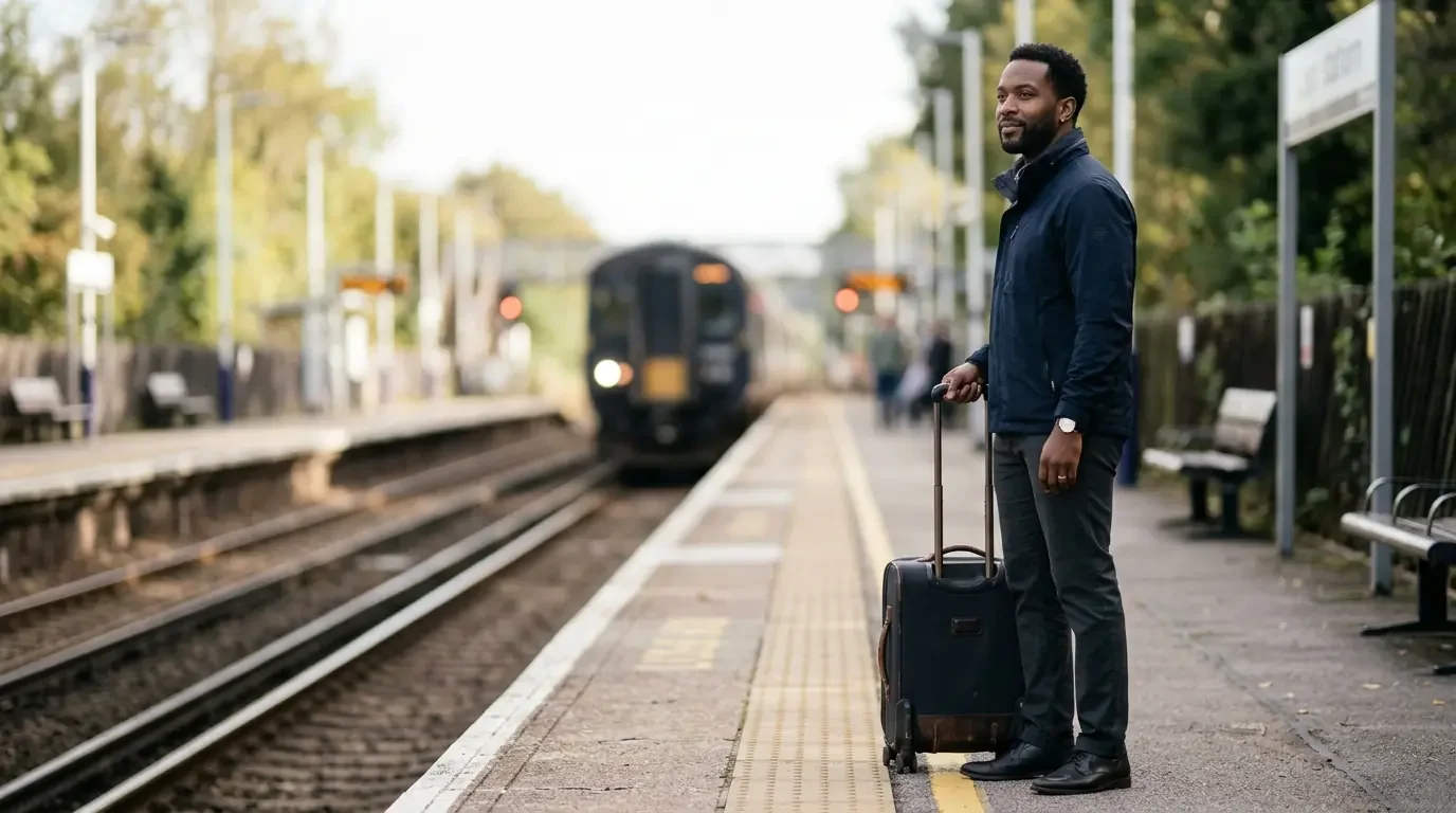 Traveler at train platform with premium card travel protections