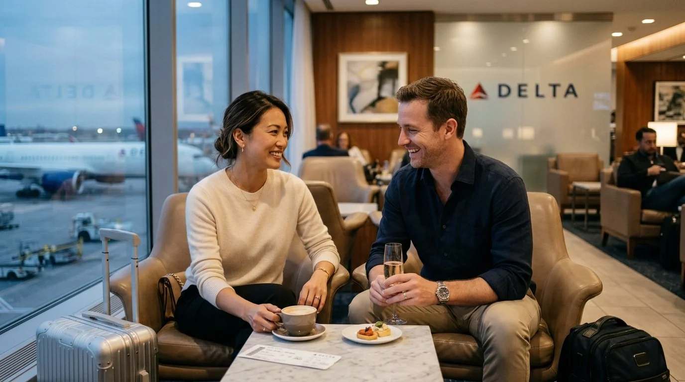 International couple using Delta SkyMiles lounge and transfers 2026