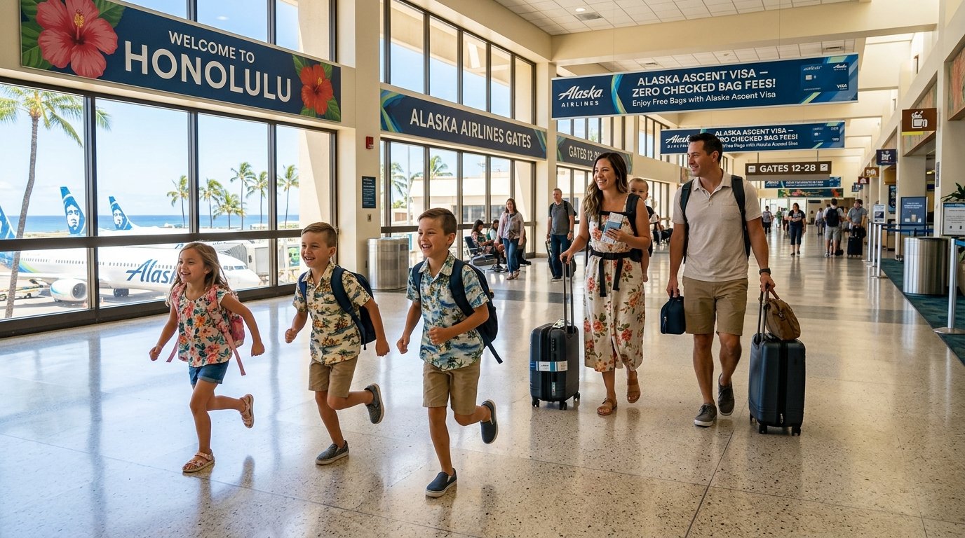 Family enjoying free checked bags on Alaska Atmos Rewards – 2026 perk showdown