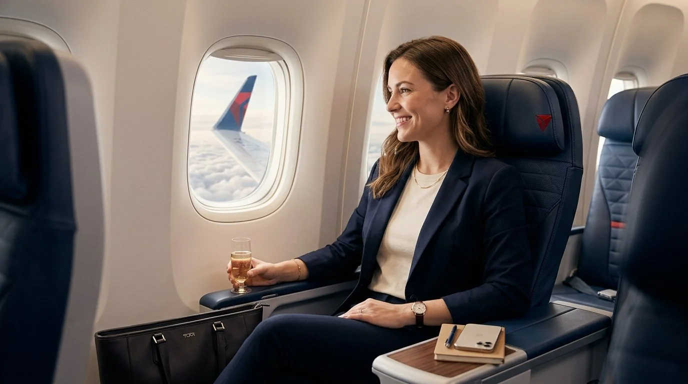 Delta SkyMiles Gold American Express Card 2026 Review – solo traveler enjoying Delta flight with free checked bag perk
