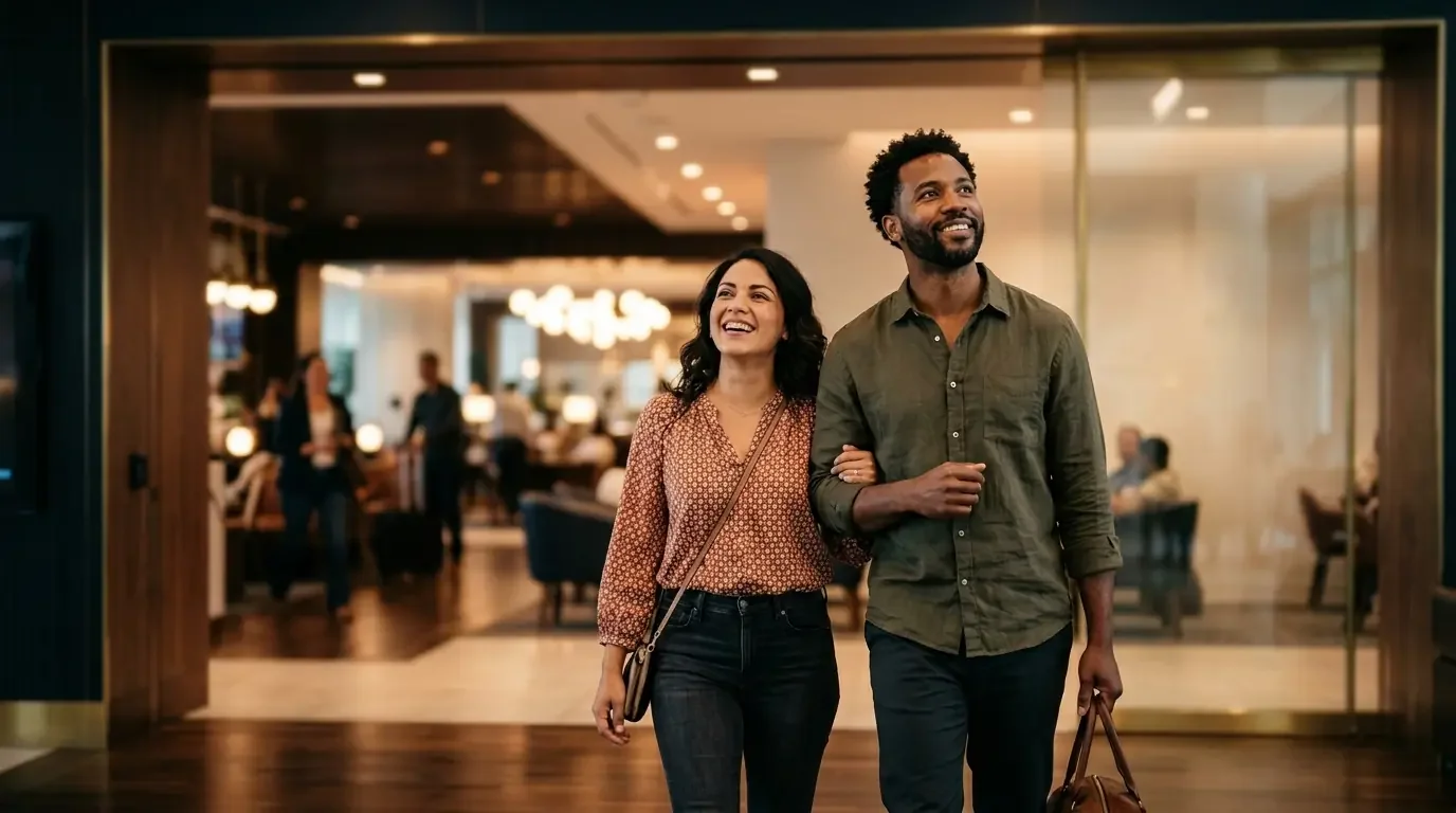 Couple entering Capital One Lounge discovering premium travel benefits