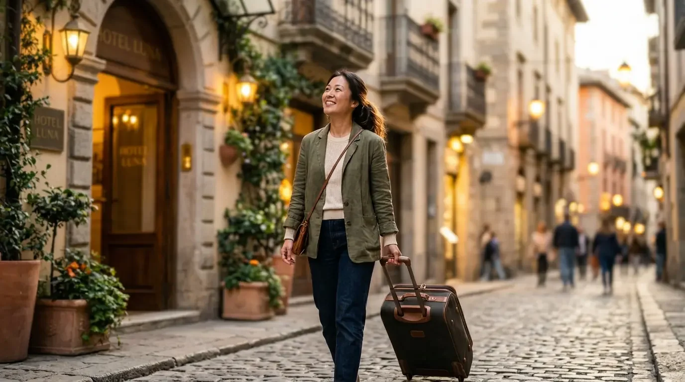 Traveler arriving at boutique hotel after earning premium card welcome bonus