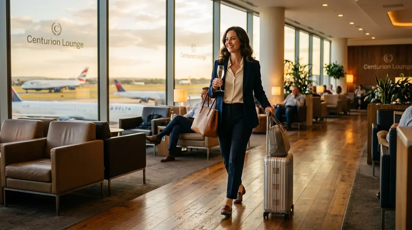 Amex Platinum cardholder relaxing in Centurion Lounge with champagne, 2026 luxury travel experience
