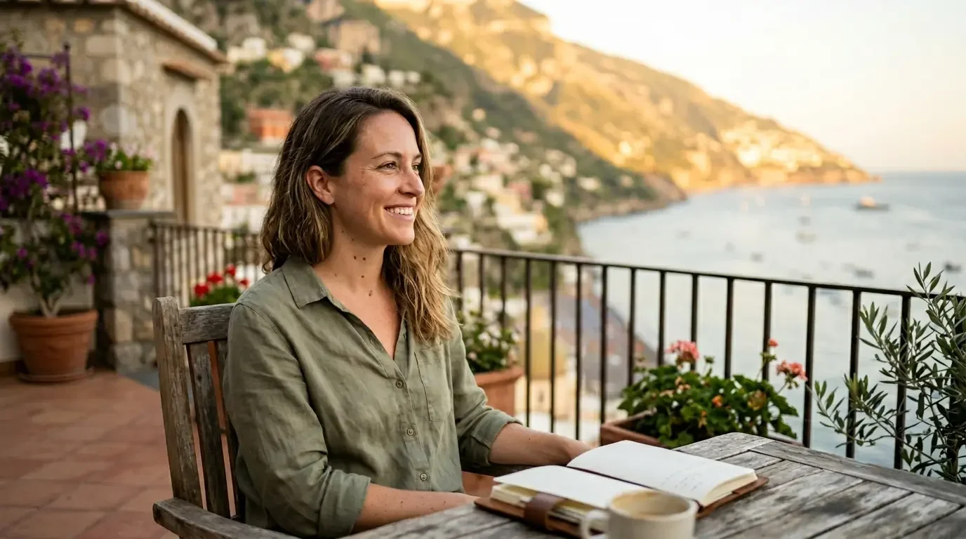 Traveler reflecting on premium card value and benefits during golden hour