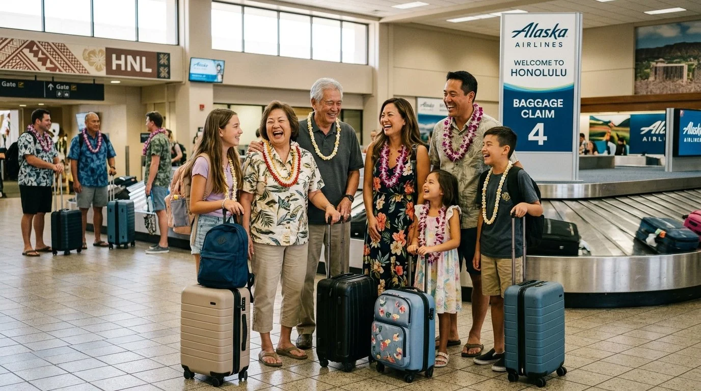Family collecting luggage with Alaska Atmos Rewards free bags for seven – 2026 vs Delta SkyMiles