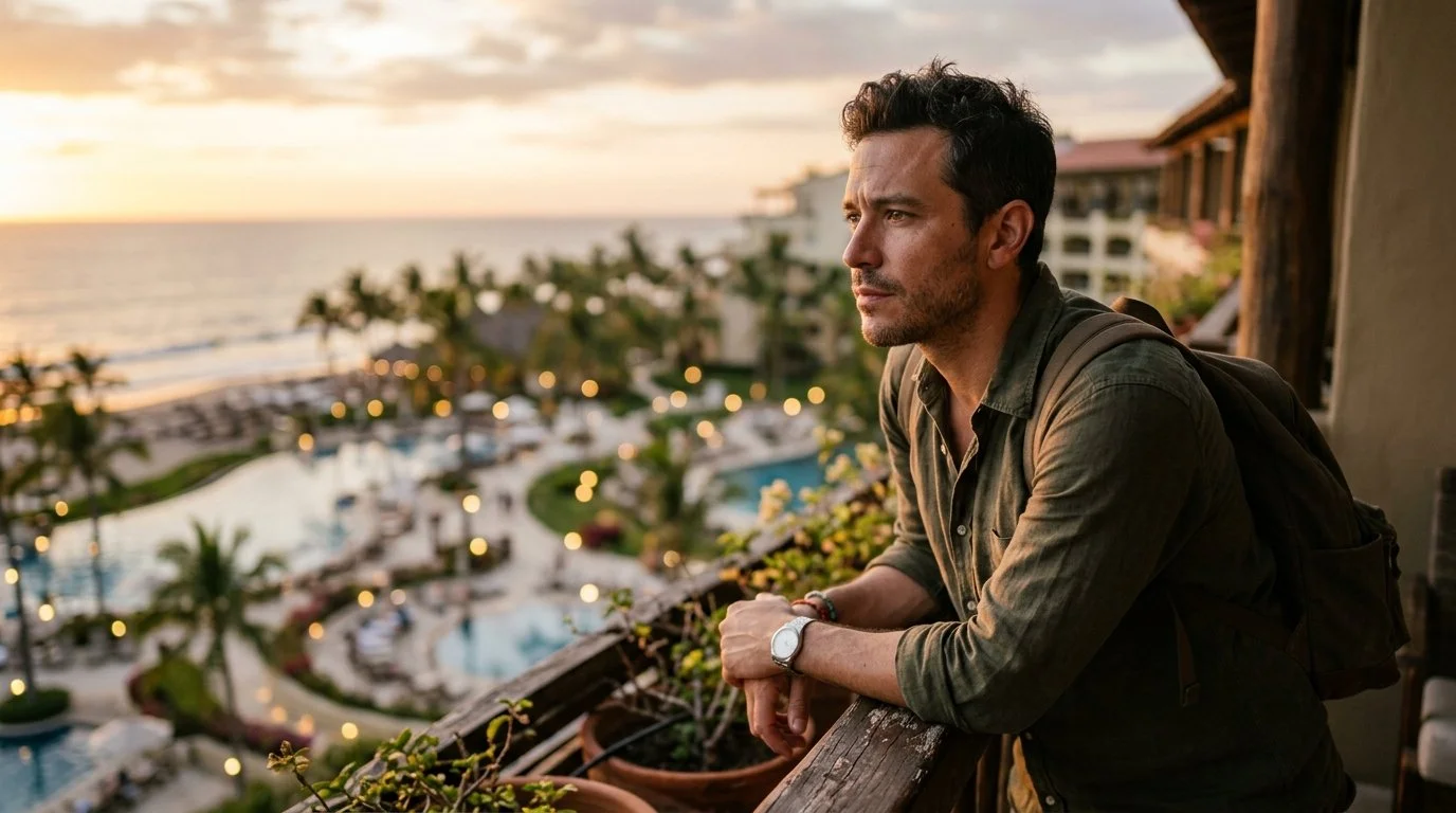 Traveler weighing Marriott Bonvoy against Hyatt Hilton IHG during peaceful evening resort reflection authentic 2026 experience