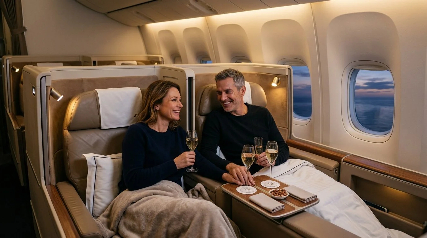 Traveler couple enjoying Air France La Première using Flying Blue 80% bonus miles purchase April 2026
