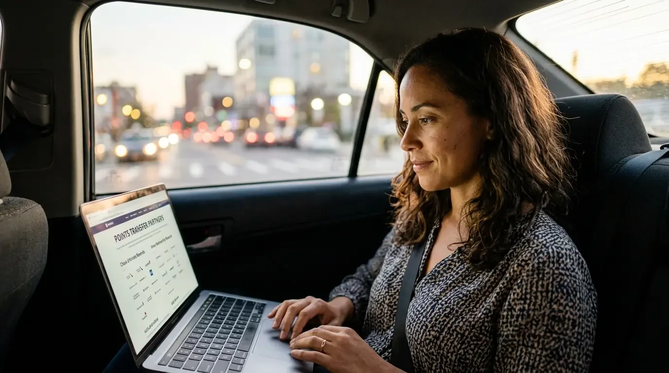 Traveler comparing Amex Platinum vs Chase Sapphire Reserve vs Capital One Venture X 2026 transfer partners in taxi