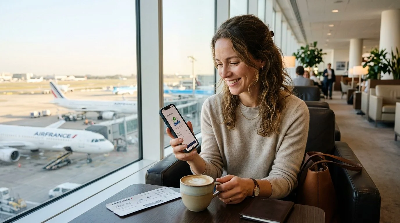 Traveler in luxury airport lounge after buying Flying Blue miles with 80% bonus April 2026