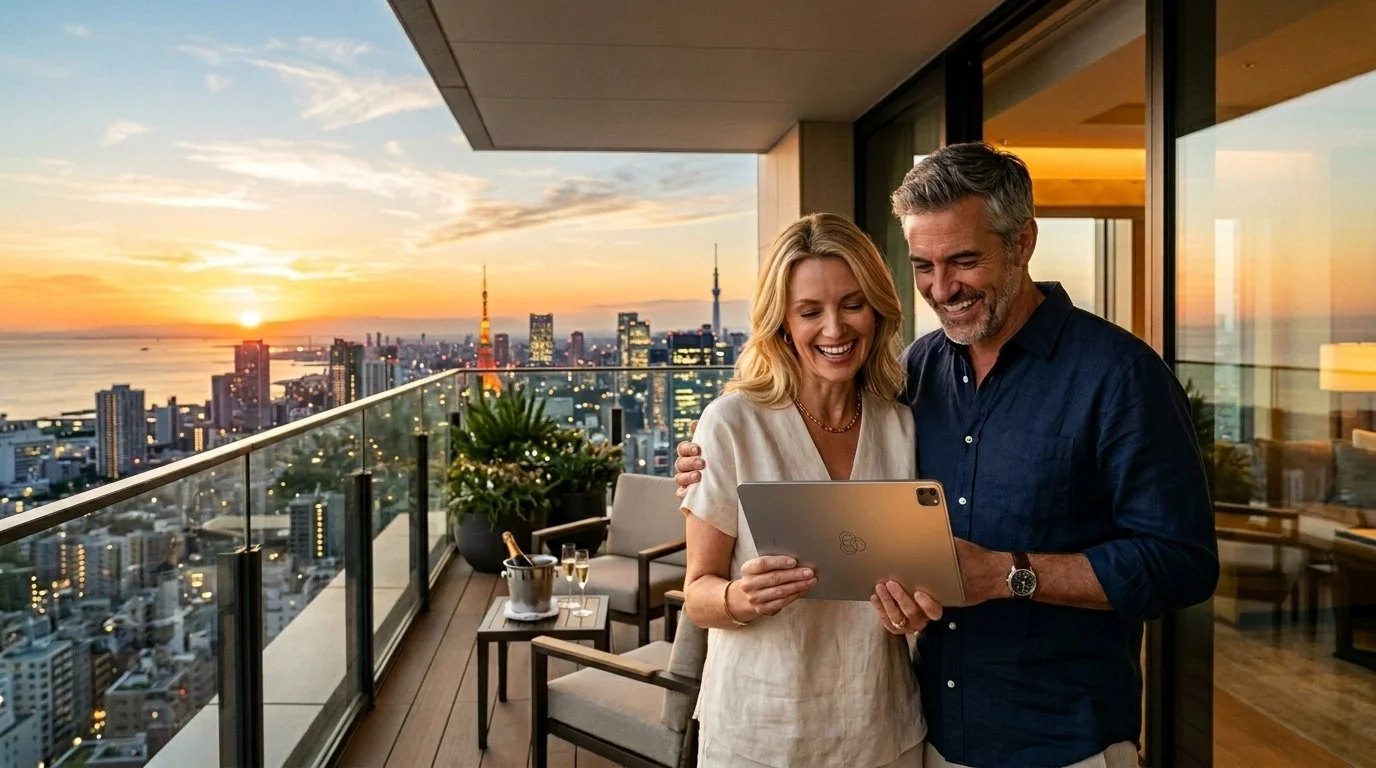 Traveler couple on Park Hyatt balcony booking World of Hyatt award before May 2026 5-tier chart overhaul