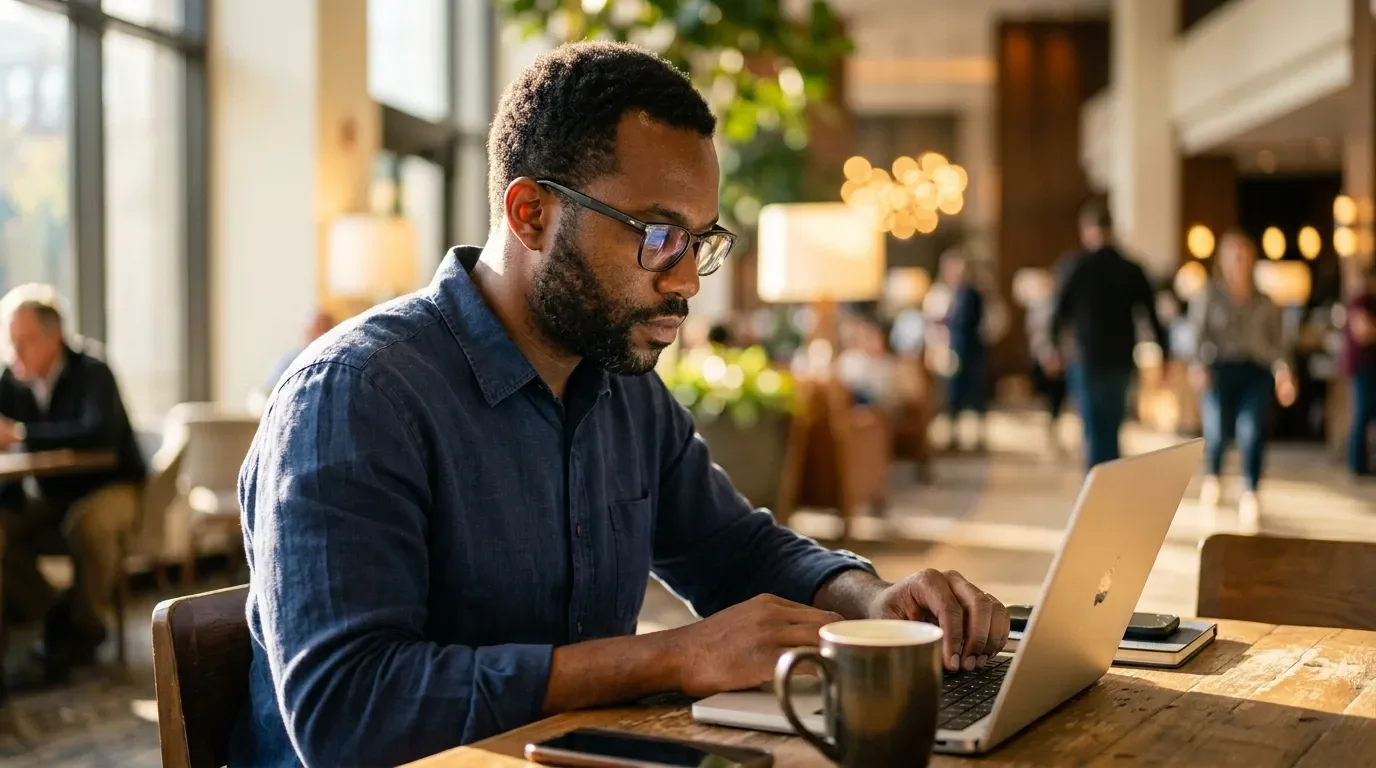 Traveler checking World of Hyatt award chart changes on laptop in hotel lobby – May 2026 devaluation