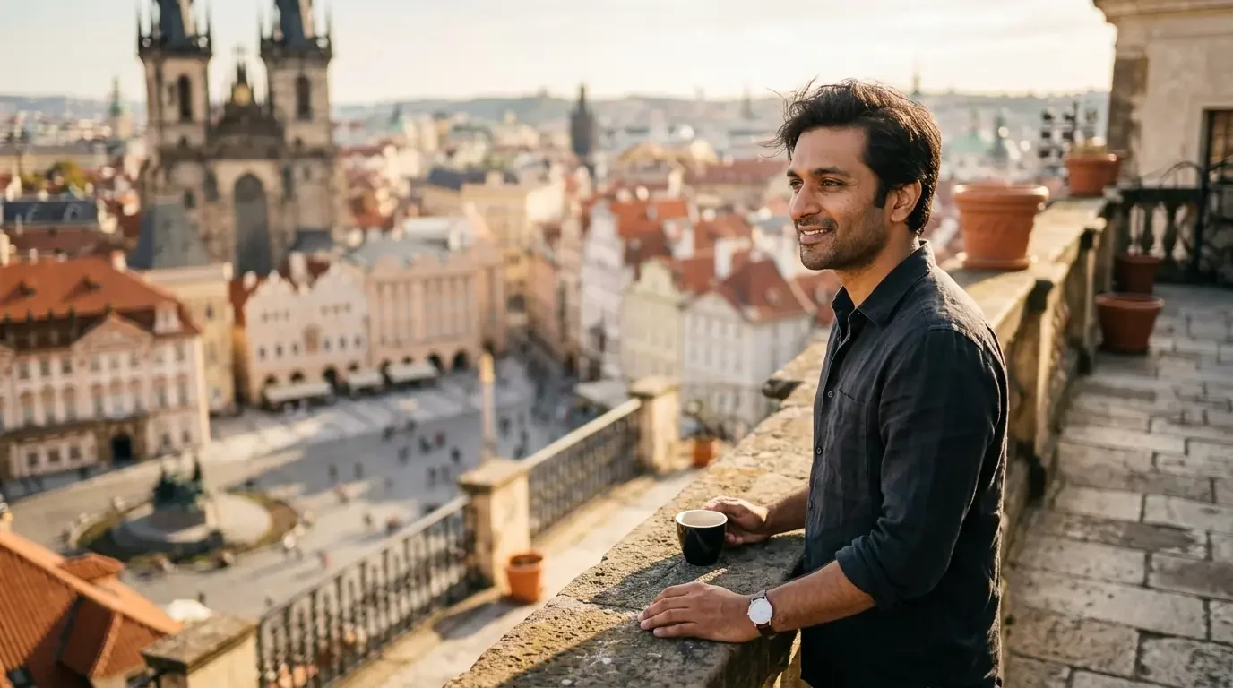 Traveler enjoying scenic city terrace view while exploring premium card rewards