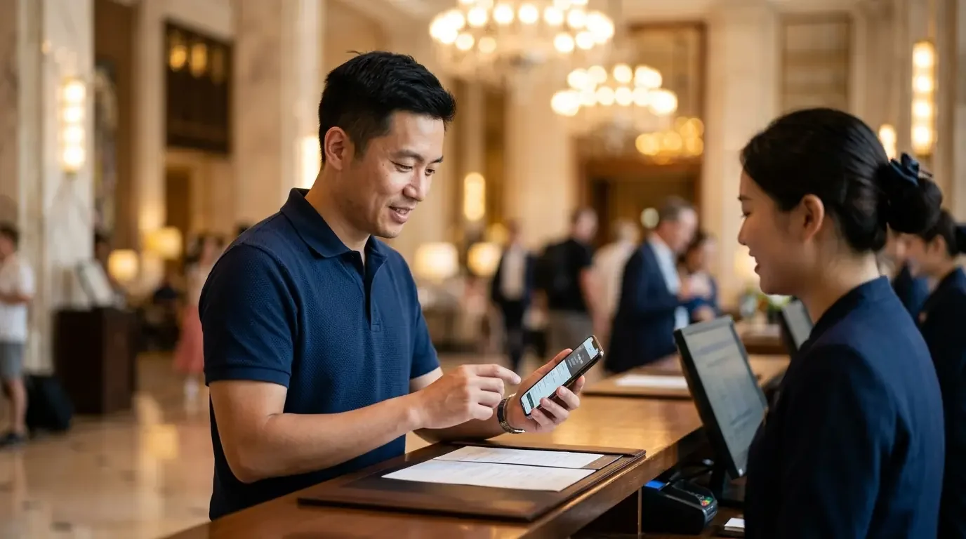 Traveler reviewing Amex Platinum vs Chase Sapphire Reserve vs Capital One Venture X 2026 hotel elite status at hotel lobby check-in
