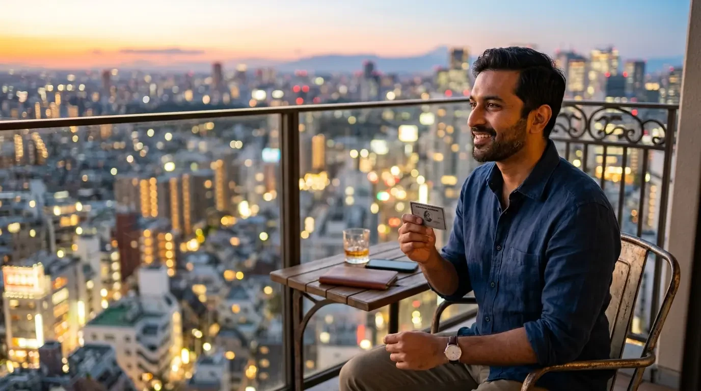 Traveler enjoying perfect credit card match for travel lifestyle on hotel balcon