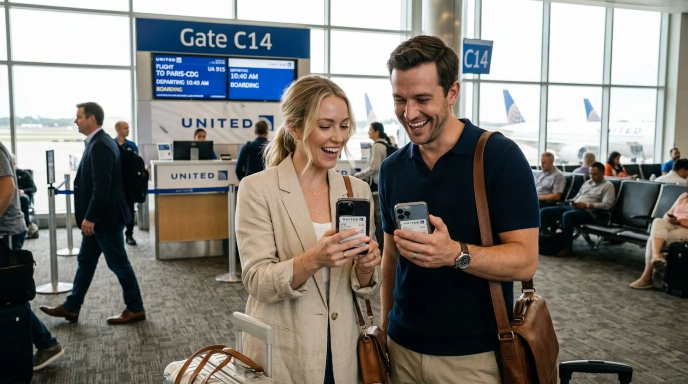 Couple using United MileagePlus upgrade awards and Chase Ultimate Rewards transfers 2026